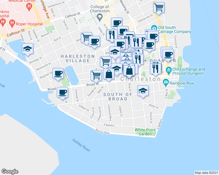 map of restaurants, bars, coffee shops, grocery stores, and more near in Charleston