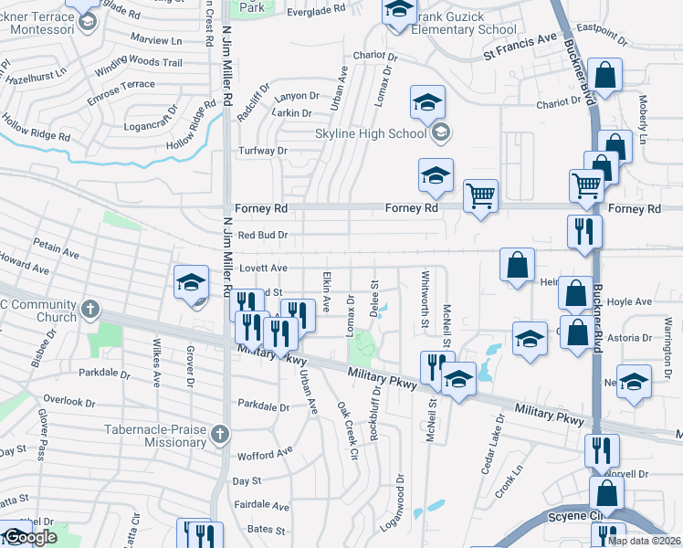 map of restaurants, bars, coffee shops, grocery stores, and more near 7323 Toland Street in Dallas