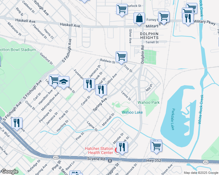 map of restaurants, bars, coffee shops, grocery stores, and more near 4519 Wahoo Street in Dallas