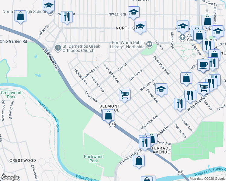 map of restaurants, bars, coffee shops, grocery stores, and more near 1702 Belmont Avenue in Fort Worth