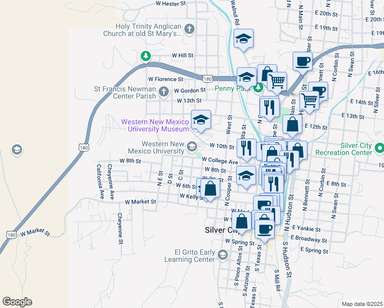 map of restaurants, bars, coffee shops, grocery stores, and more near 1000 West College Avenue in Silver City