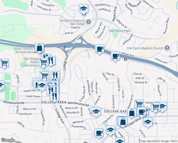 map of restaurants, bars, coffee shops, grocery stores, and more near 5347 Brockbank Place in San Diego
