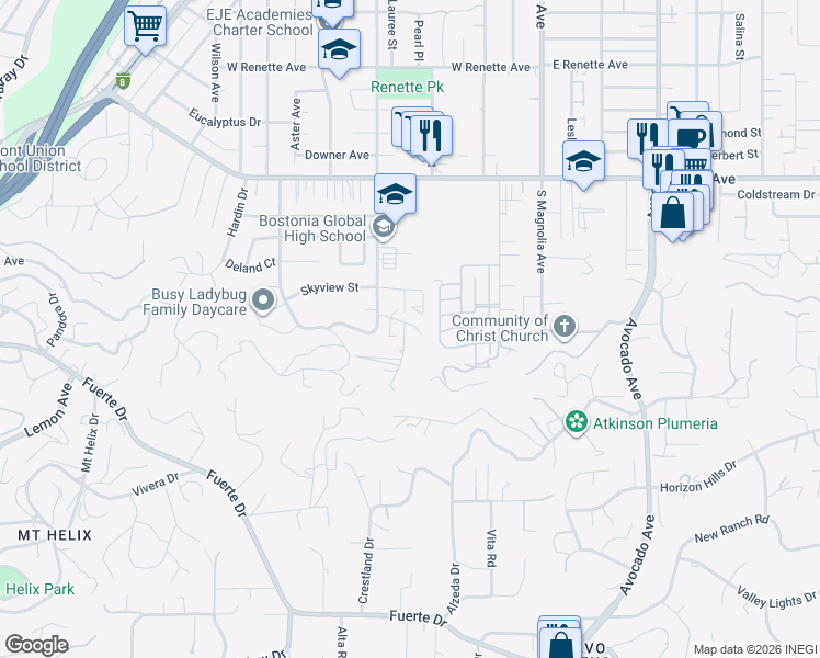 map of restaurants, bars, coffee shops, grocery stores, and more near 440 Tilling Way in El Cajon