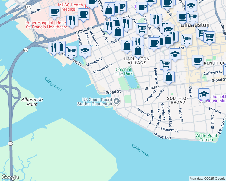 map of restaurants, bars, coffee shops, grocery stores, and more near 322 Broad Street in Charleston