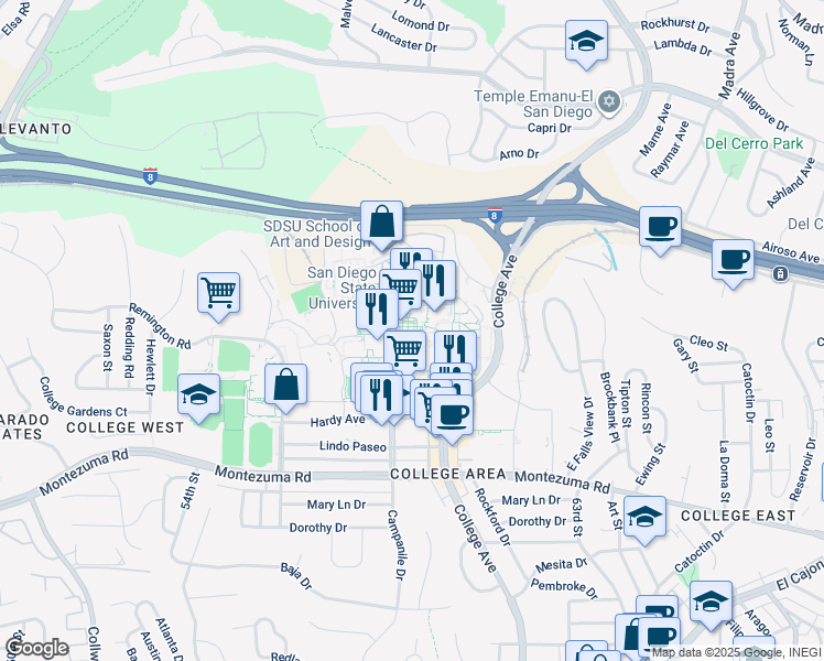 map of restaurants, bars, coffee shops, grocery stores, and more near 5500 Campanile Drive in San Diego