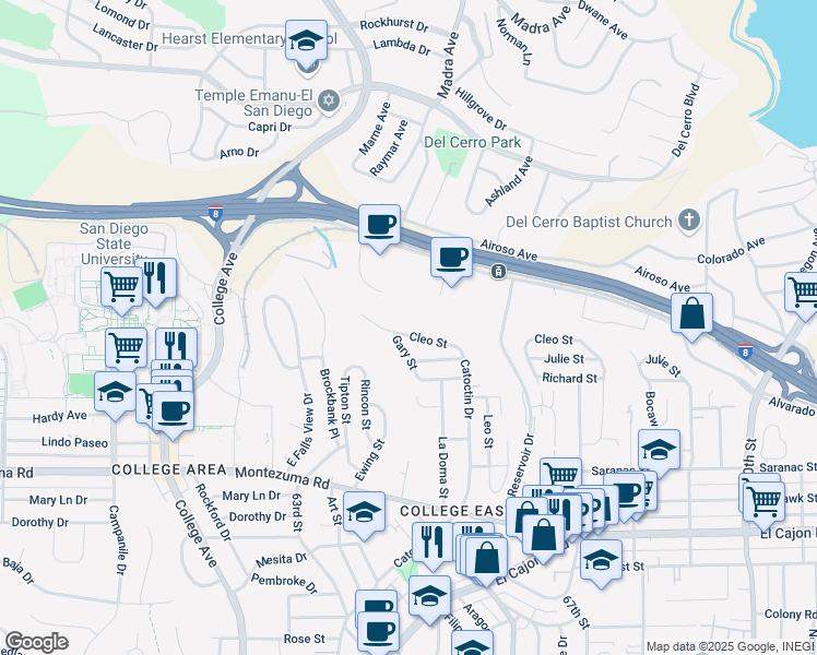 map of restaurants, bars, coffee shops, grocery stores, and more near 6412 Cleo Street in San Diego