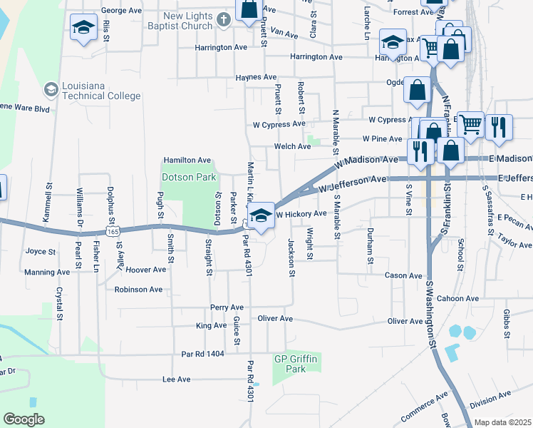 map of restaurants, bars, coffee shops, grocery stores, and more near 1001 West Madison Avenue in Bastrop