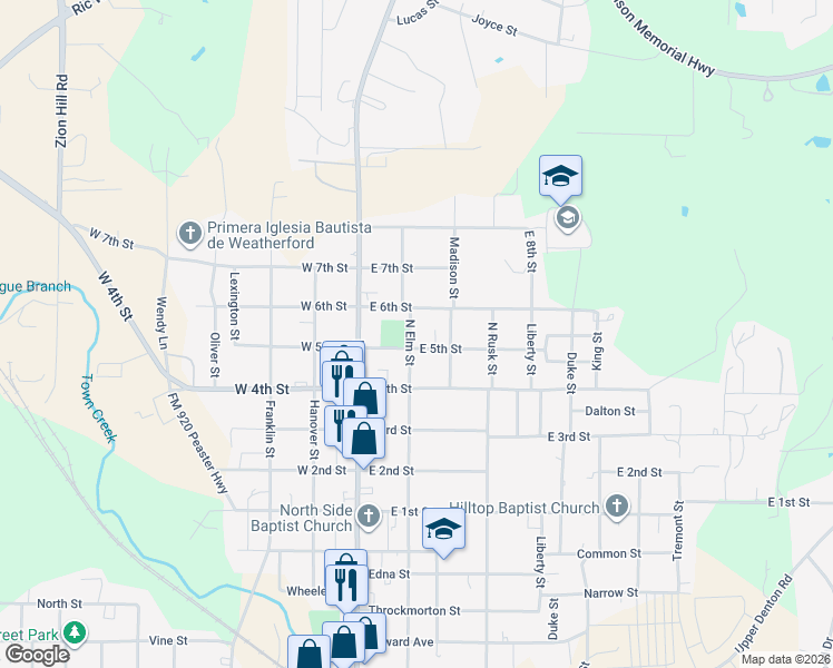 map of restaurants, bars, coffee shops, grocery stores, and more near 1313 North Elm Street in Weatherford