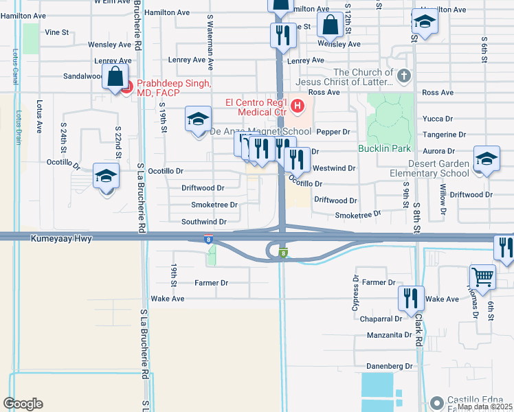 map of restaurants, bars, coffee shops, grocery stores, and more near 2075 Cottonwood Circle in El Centro