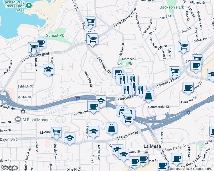 map of restaurants, bars, coffee shops, grocery stores, and more near 7740 Parkway Drive in La Mesa