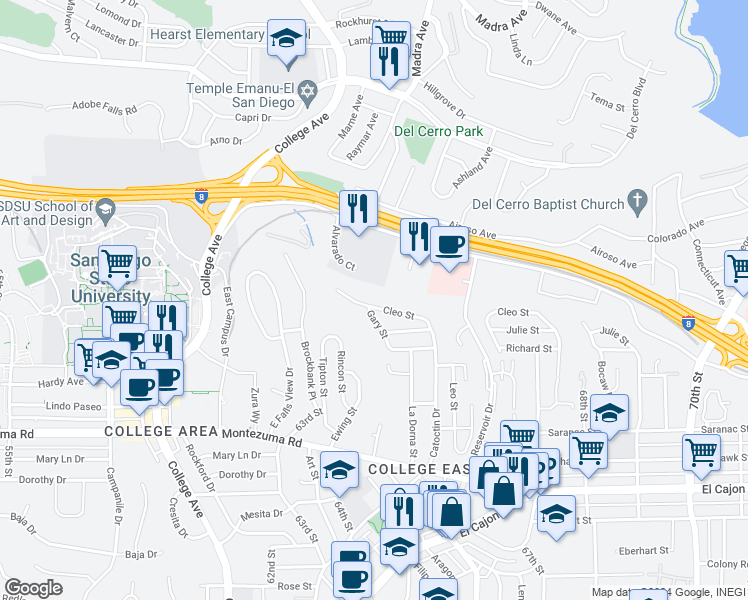 map of restaurants, bars, coffee shops, grocery stores, and more near 6427 Cleo Street in San Diego