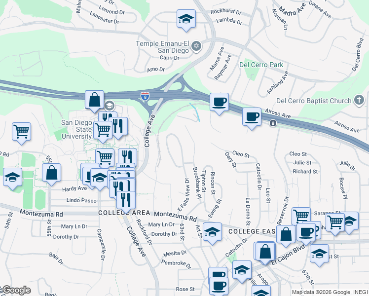 map of restaurants, bars, coffee shops, grocery stores, and more near 5325 East Falls View Drive in San Diego