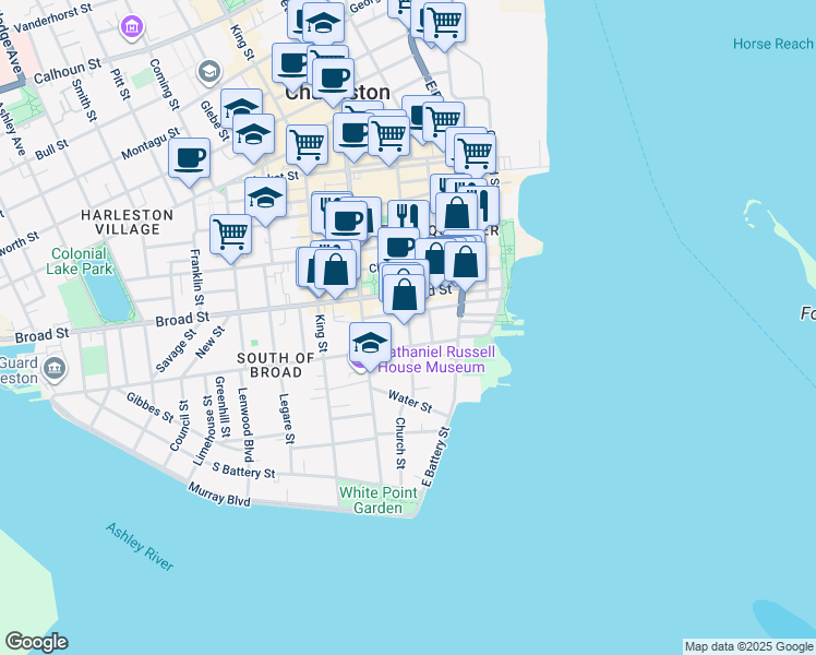 map of restaurants, bars, coffee shops, grocery stores, and more near 32 Tradd Street in Charleston