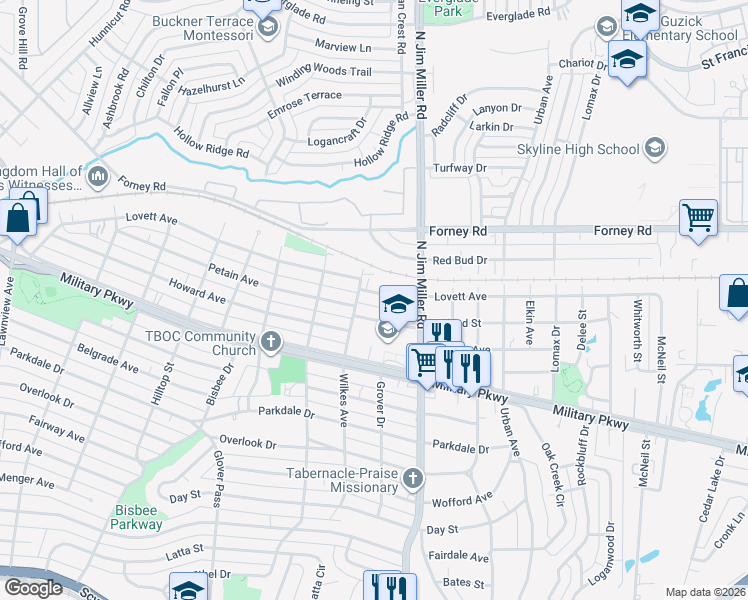 map of restaurants, bars, coffee shops, grocery stores, and more near 6819 Toland Street in Dallas