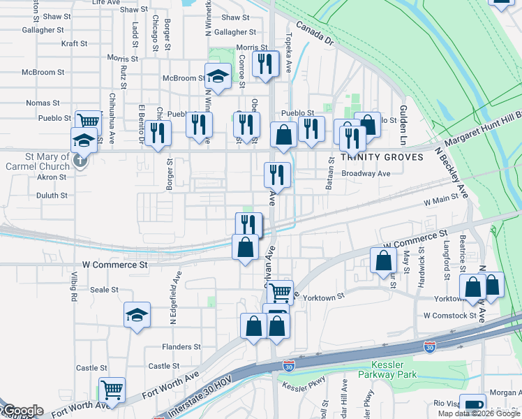 map of restaurants, bars, coffee shops, grocery stores, and more near 900 Muncie Avenue in Dallas