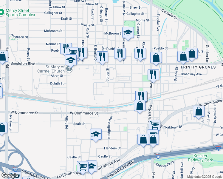 map of restaurants, bars, coffee shops, grocery stores, and more near 2425 Crossman Avenue in Dallas