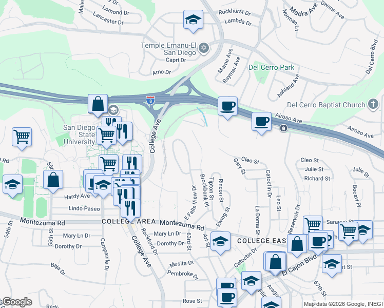 map of restaurants, bars, coffee shops, grocery stores, and more near 5325 East Falls View Drive in San Diego