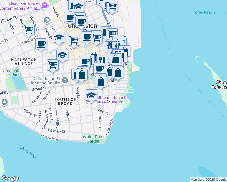 map of restaurants, bars, coffee shops, grocery stores, and more near 77 East Bay Street in Charleston