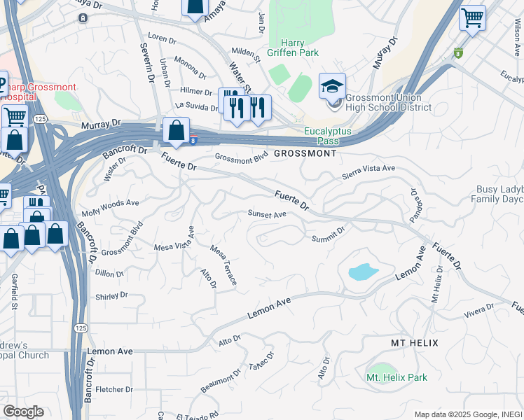 map of restaurants, bars, coffee shops, grocery stores, and more near 9608 Sunset Avenue in La Mesa