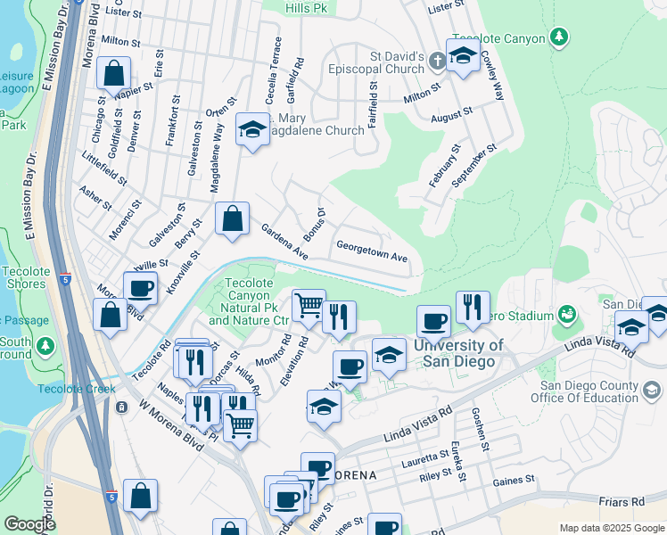 map of restaurants, bars, coffee shops, grocery stores, and more near 5011 Gardena Ave in San Diego