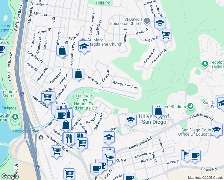 map of restaurants, bars, coffee shops, grocery stores, and more near 5011 Gardena Avenue in San Diego
