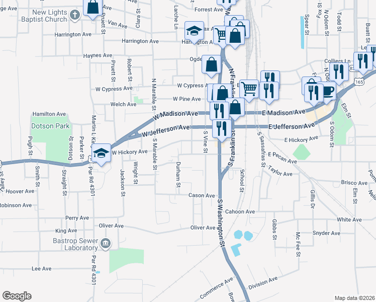 map of restaurants, bars, coffee shops, grocery stores, and more near 300 West Walnut Avenue in Bastrop