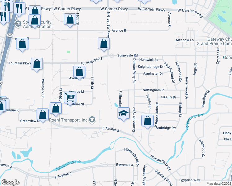 map of restaurants, bars, coffee shops, grocery stores, and more near 2233 Fallbrooke Drive in Grand Prairie