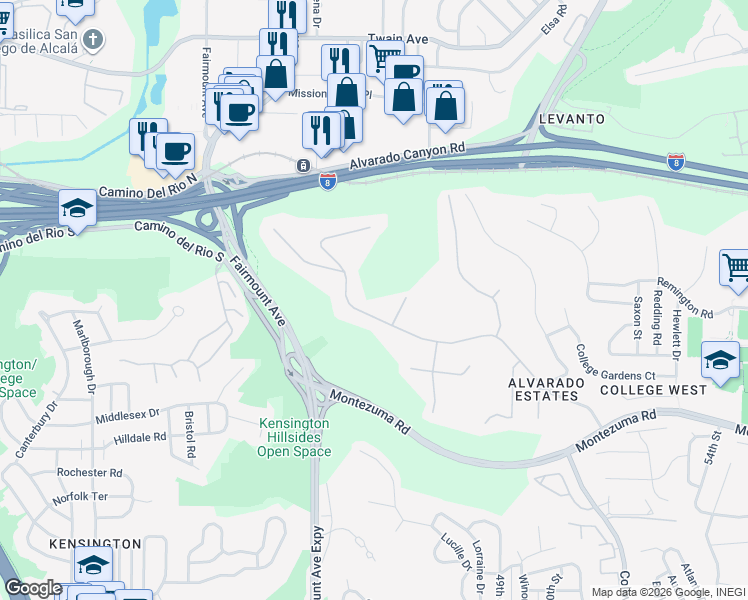map of restaurants, bars, coffee shops, grocery stores, and more near 4664 Yerba Santa Drive in San Diego