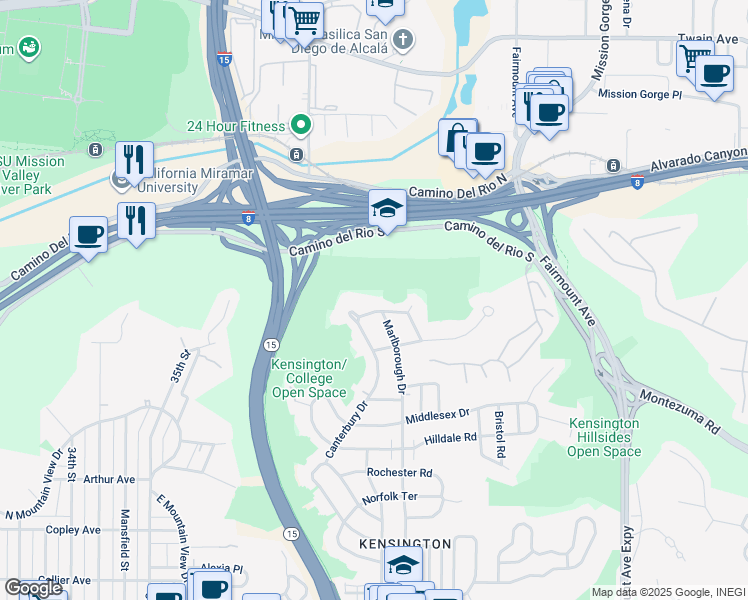 map of restaurants, bars, coffee shops, grocery stores, and more near 4136 Palisades Road in San Diego