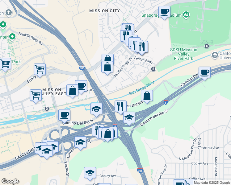 map of restaurants, bars, coffee shops, grocery stores, and more near 9939 Rio San Diego Drive in San Diego