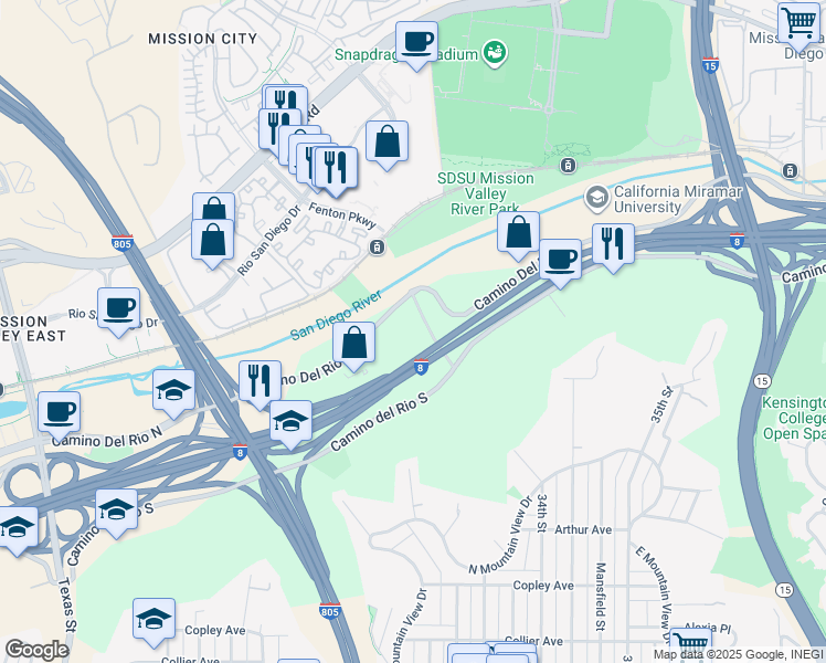 map of restaurants, bars, coffee shops, grocery stores, and more near 3131 Camino Del Rio North in San Diego