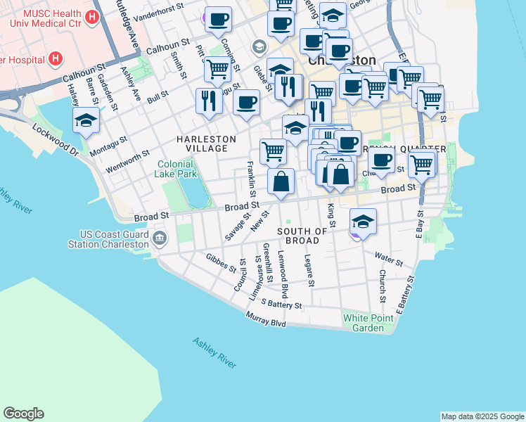 map of restaurants, bars, coffee shops, grocery stores, and more near 33 New Street in Charleston