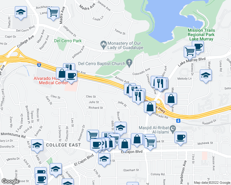 map of restaurants, bars, coffee shops, grocery stores, and more near 6851 Alvarado Road in San Diego