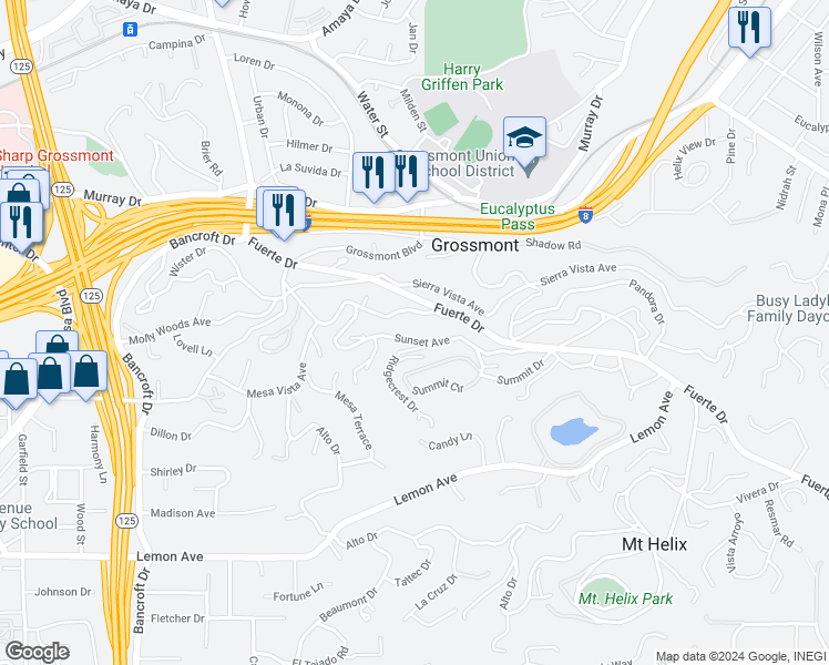 map of restaurants, bars, coffee shops, grocery stores, and more near 9608 Sunset Avenue in La Mesa