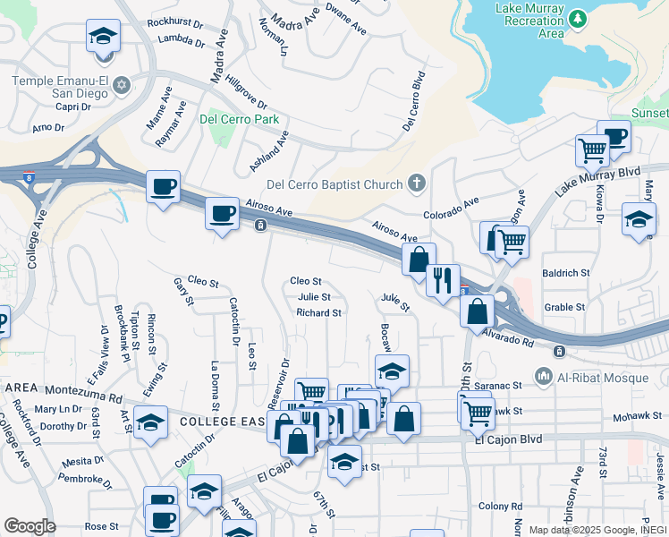 map of restaurants, bars, coffee shops, grocery stores, and more near 6775 Alvarado Road in San Diego