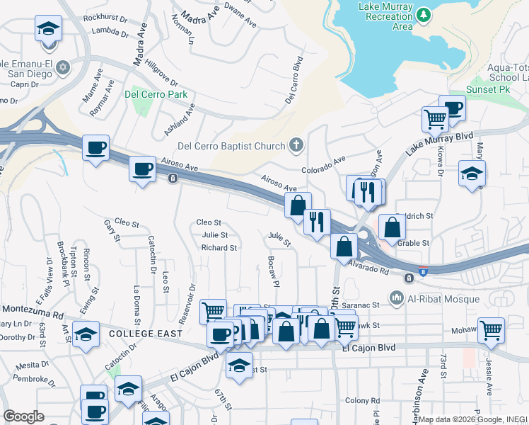 map of restaurants, bars, coffee shops, grocery stores, and more near 6851 Alvarado Road in San Diego