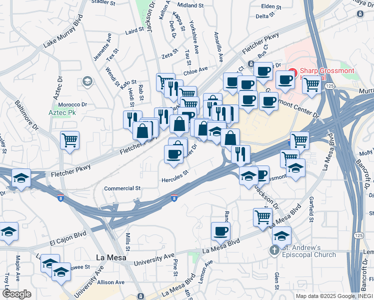 map of restaurants, bars, coffee shops, grocery stores, and more near 5345 Timken St in La Mesa