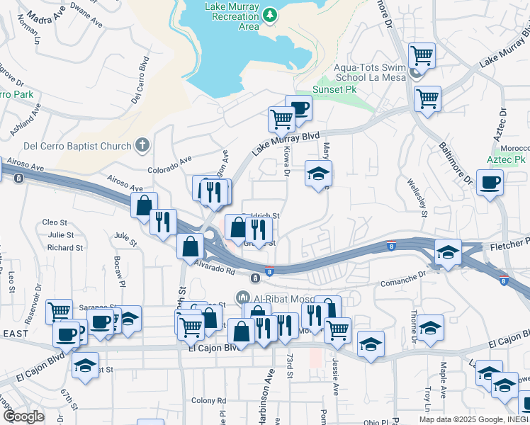 map of restaurants, bars, coffee shops, grocery stores, and more near 7210 Magruder Street in La Mesa