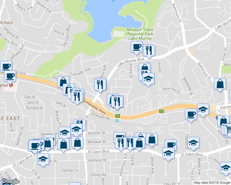 map of restaurants, bars, coffee shops, grocery stores, and more near 7210 Magruder Street in La Mesa