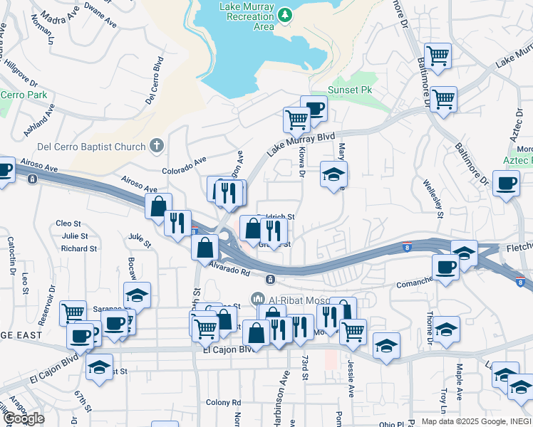map of restaurants, bars, coffee shops, grocery stores, and more near 7210 Magruder Street in La Mesa