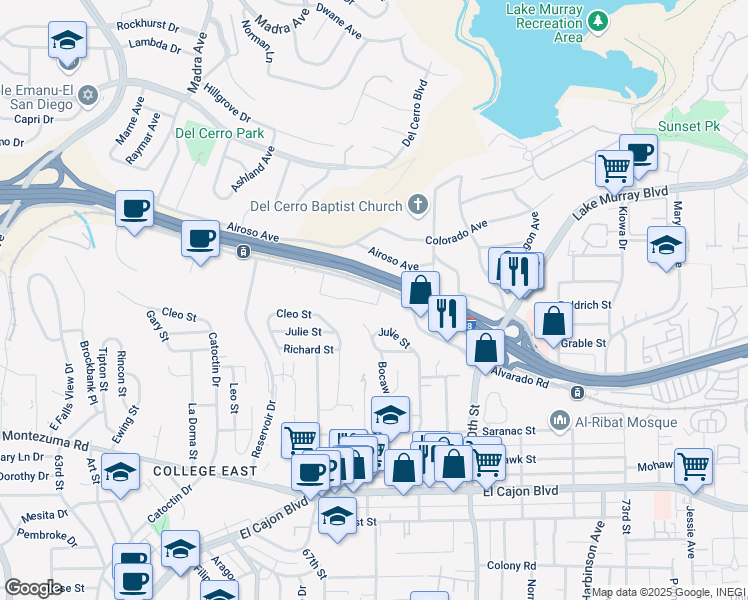 map of restaurants, bars, coffee shops, grocery stores, and more near 6851 Alvarado Road in San Diego