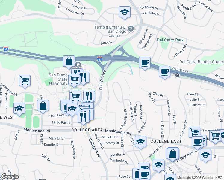 map of restaurants, bars, coffee shops, grocery stores, and more near 5336 West Falls View Drive in San Diego