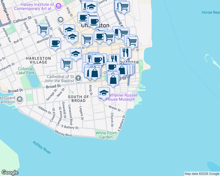 map of restaurants, bars, coffee shops, grocery stores, and more near 62 Tradd Street in Charleston