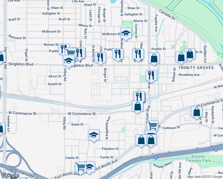 map of restaurants, bars, coffee shops, grocery stores, and more near 2425 Crossman Avenue in Dallas