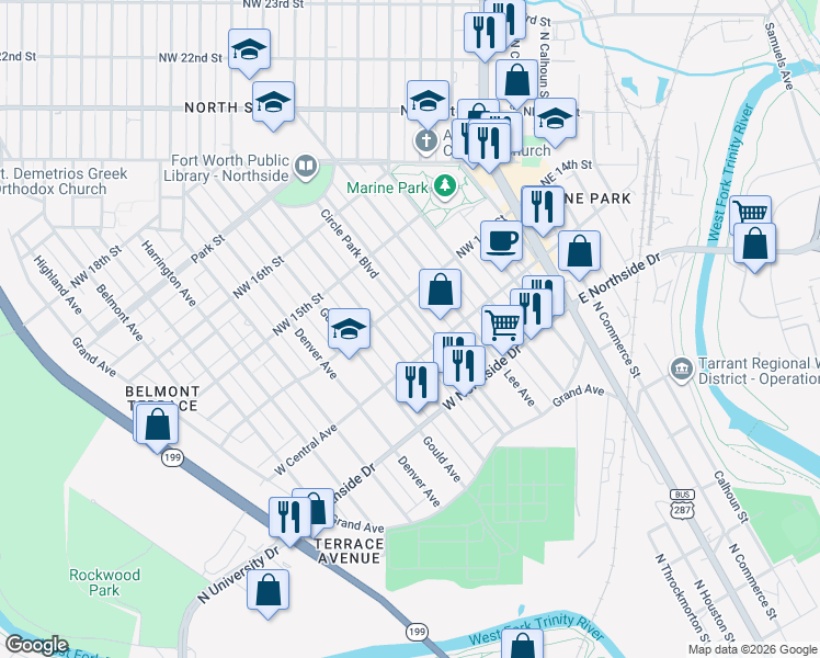 map of restaurants, bars, coffee shops, grocery stores, and more near 1401 Circle Park Boulevard in Fort Worth