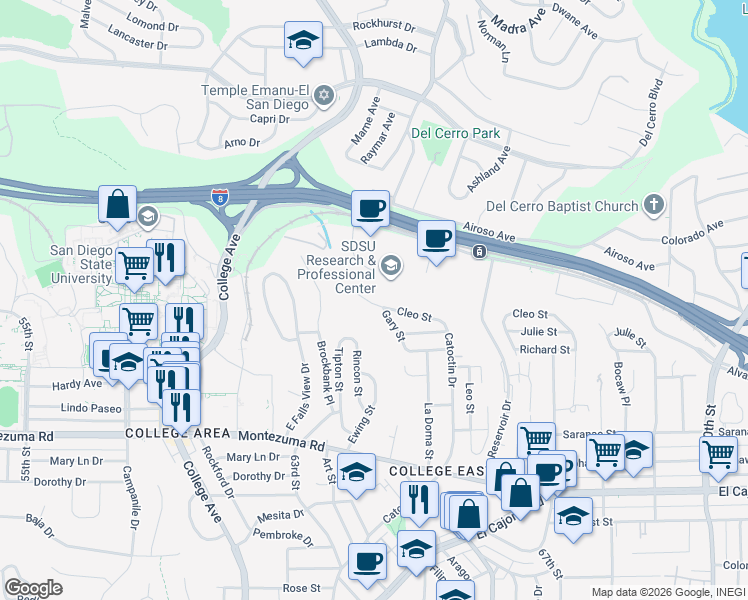 map of restaurants, bars, coffee shops, grocery stores, and more near 6352 Cleo Street in San Diego
