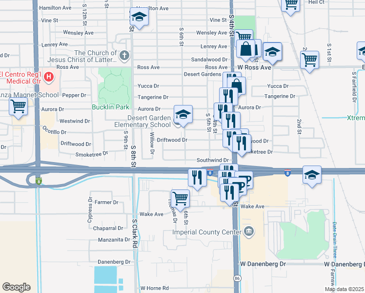 map of restaurants, bars, coffee shops, grocery stores, and more near 606 Smoketree Drive in El Centro