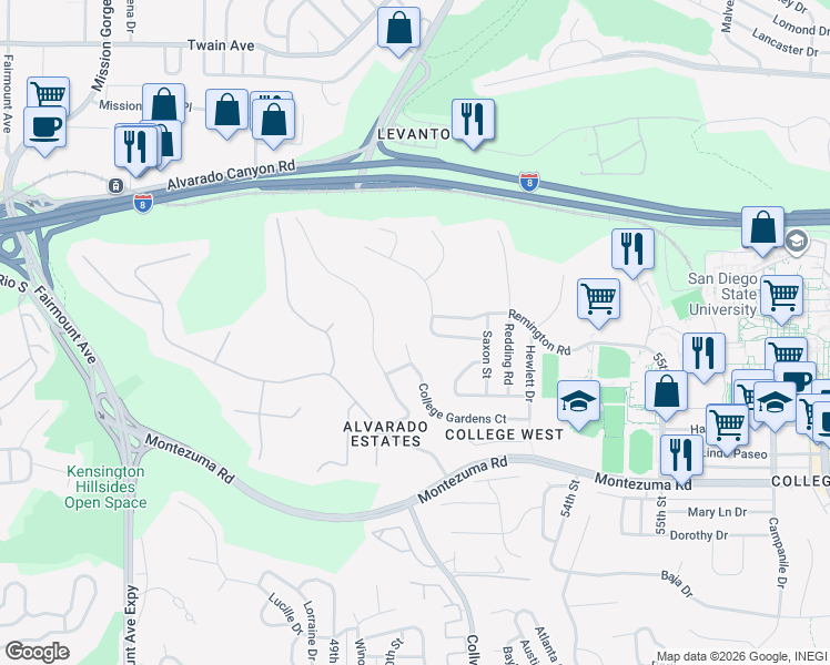map of restaurants, bars, coffee shops, grocery stores, and more near 5105 Walsh Way in San Diego