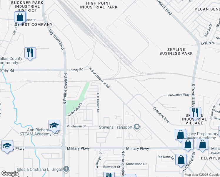 map of restaurants, bars, coffee shops, grocery stores, and more near 2344 North Sam Houston Road in Mesquite