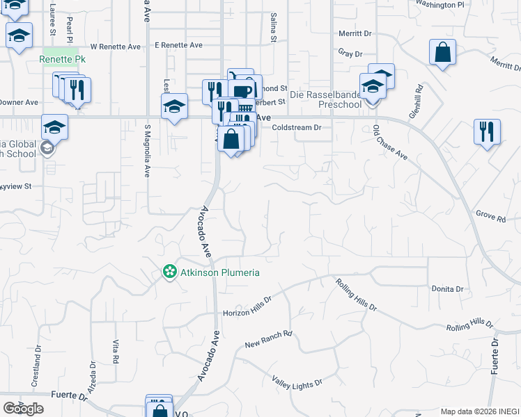 map of restaurants, bars, coffee shops, grocery stores, and more near 5346 Grandridge Road in El Cajon
